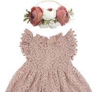 Photo 1 of BGFKS Baby Girl Tutu Dress Elegant Lace Pom Pom Flutter Sleeve with Flower Headband Set 12 Months Dusty Rose