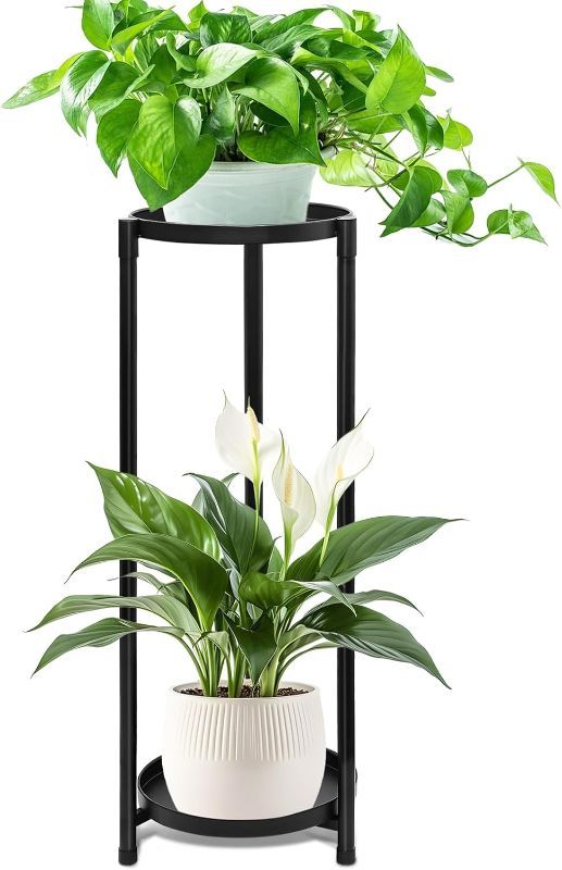 Photo 1 of 2 Tier Plant Stand Indoor Tall, Black Corner Tiered Round Plant Stand for Indoor Multiple Plants, Metal Flower Pot Stands Outdoor Holders Plant Shelf Display Rack for Balcony Living Room

