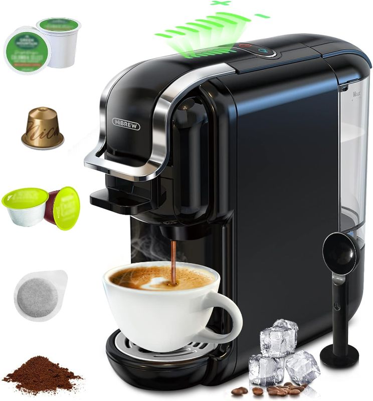 Photo 1 of HiBREW H2B 5-in-1 Pods Coffee Maker, 19 Bar Espresso Machine for Pods, for Kcup*/Nes*/DG*/Espresso Powder, Makes iced coffee (Black)
