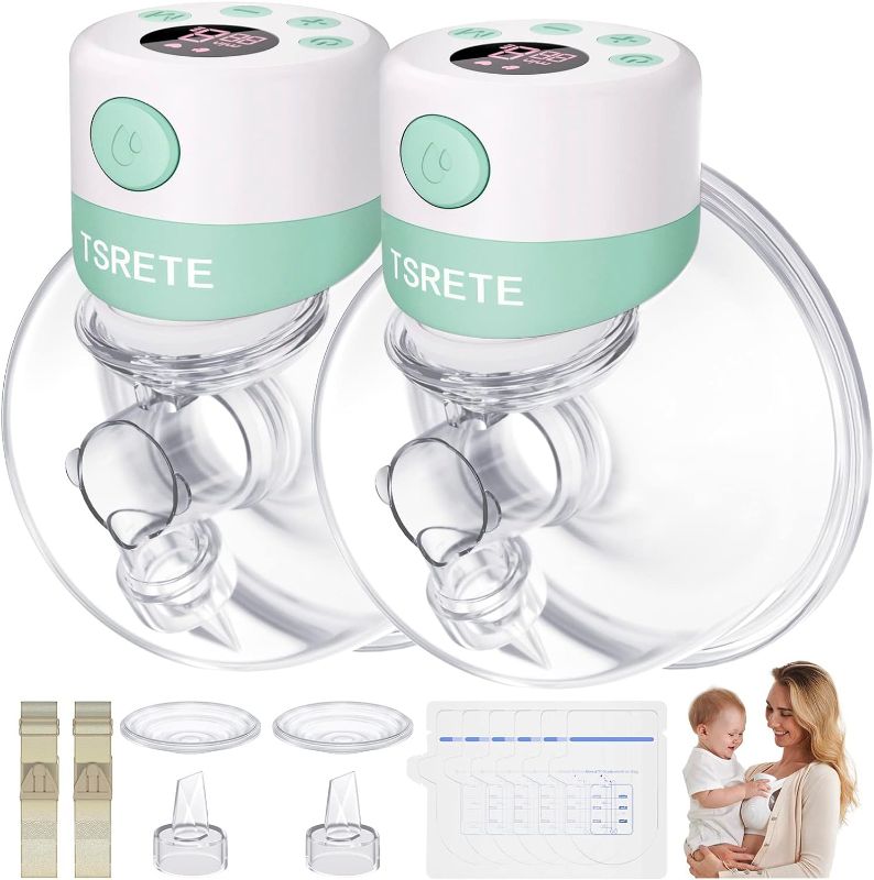 Photo 1 of TSRETE Double Wearable Breast Pump, Electric Hands-Free Breast Pumps with 2 Modes, 9 Levels, LCD Display, Memory Function Rechargeable with Massage and Pumping Mode 24mm Flange-Green
