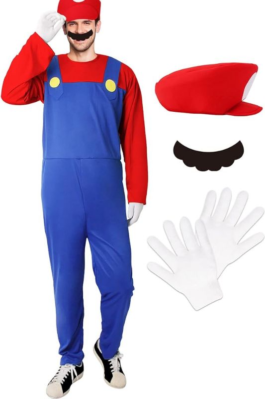 Photo 1 of HEYFIZZ Plumber Costume for Adults-Plumber Costume for Men Halloween Cosplay with Accessory L