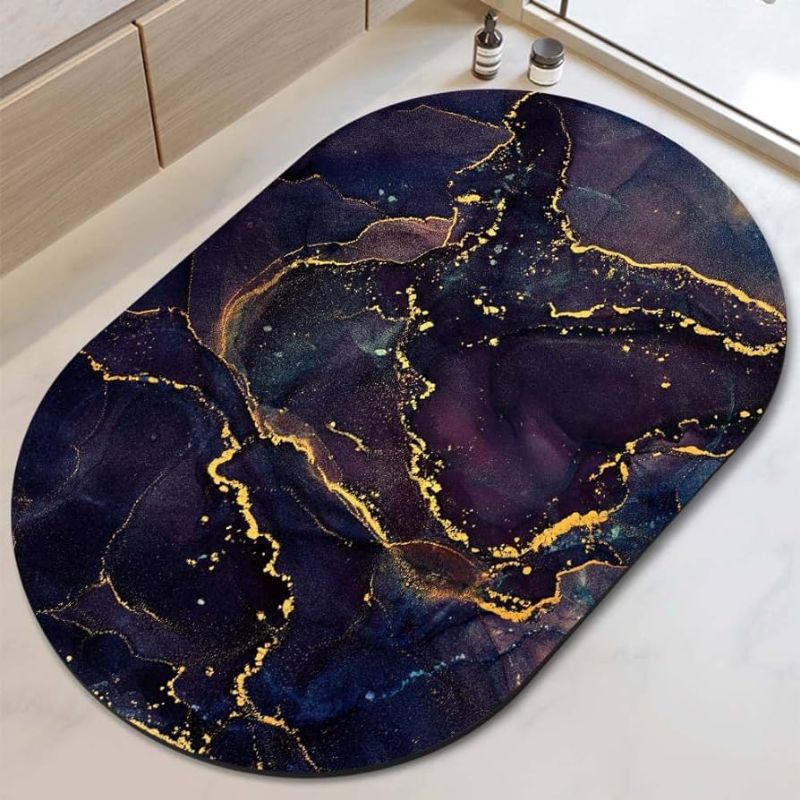 Photo 1 of DUADELI Purple Golden Swirls Marble Diatomaceous Earth Bath Mat Non-Slip Bathroom Rug Super Absorbent Quick Dry Bath Mat Rug for Bathroom Bathtub fit Under Door(Oval 40cm×60cm)