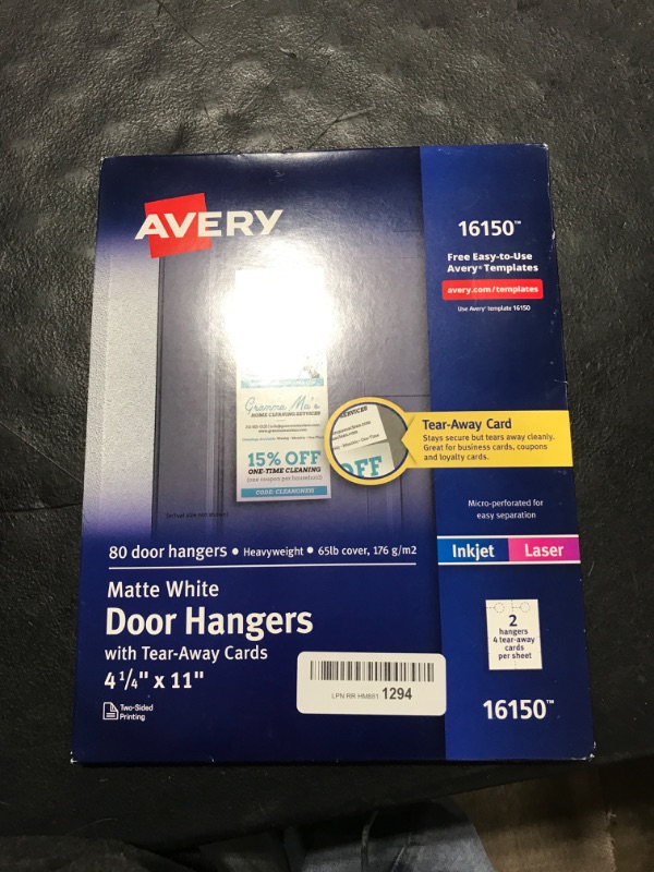 Photo 2 of Avery Door Hanger w/Tear-Away Cards, 4 1/4 x 11, Matte White, 10/Sheet 40 Sheets/Pack