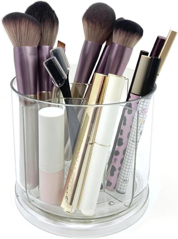 Photo 1 of LOOENM Makeup Brush Holder 360 Rotating Makeup Brushes Organizer for Vanity, 5 Slots Makeup Organizers & Storage, Multi-Functional Pencil Pen Holder for Desk, Cosmetic Storage Container Cup (Clear)
