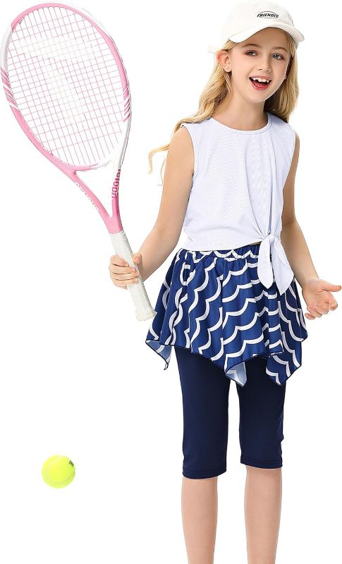 Photo 1 of 3-4t Kukume Girls Tennis Golf Athletic Outfit Kids 2Pcs Knotting Tank Top and Skorts Sets Sports Skirt with Shorts