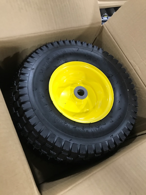 Photo 2 of (2 Pack) AR-PRO Exact Replacement 15" x 6.00-6" Front Tire and Wheel Assemblies for John Deere Riding Mowers - Compatible with John Deere 100 and D100 Series - 3” Centered Hub and 3/4” Bushings 15 x 6.00-6" Yellow