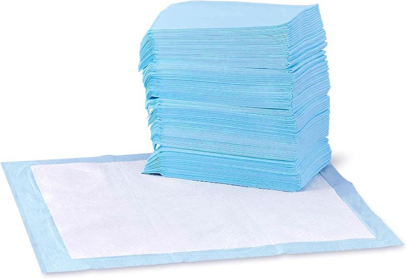 Photo 1 of Amazon Basics Dog and Puppy Pee Pads with Leak-Proof Quick-Dry Design for Potty Training, Standard Absorbency, Regular Size, 22 x 22 Inches, Pack of 100, Blue & White
