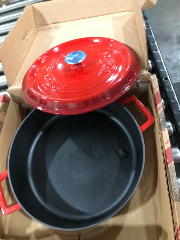 Photo 2 of LAVA 6 Quart Enameled Cast Iron Braiser: Multipurpose Stylish Red Round Dutch Oven Pot with Enameled Black Interior and Trendy Lid Black Interior-Red 6 Quarts