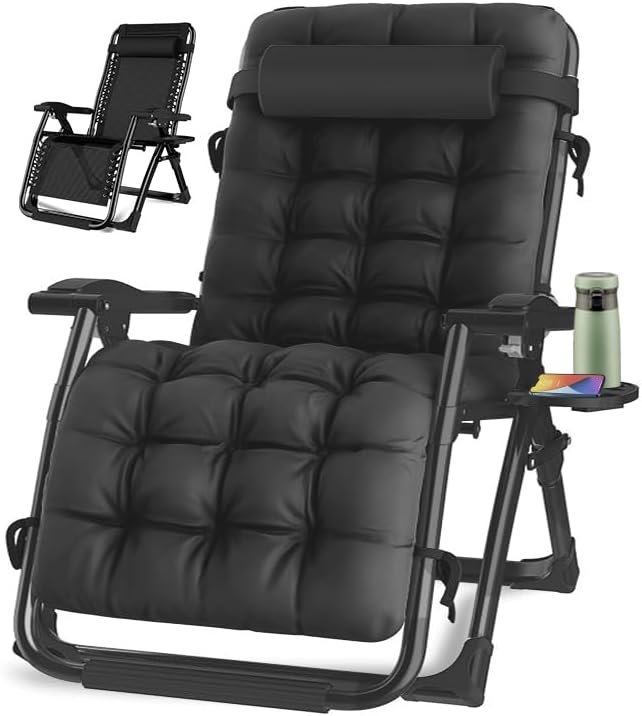 Photo 1 of Oversized Zero Gravity Chair, Lawn Recliner, Reclining Patio Lounger Chair, Folding Portable Chaise, with Detachable Soft Cushion, Cup Holder, Adjustable Headrest, Support 500 lbs. (Black Cushion)
