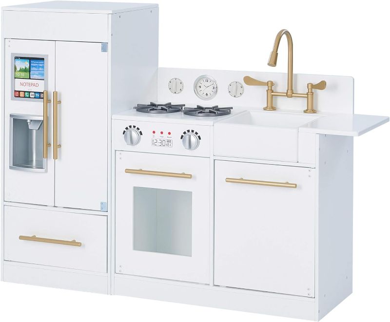 Photo 1 of Teamson Kids Little Chef Charlotte Modern Modular Interactive Wooden Play Kitchen with Refrigerator, Stove and Sink in White with Gold Finishes
