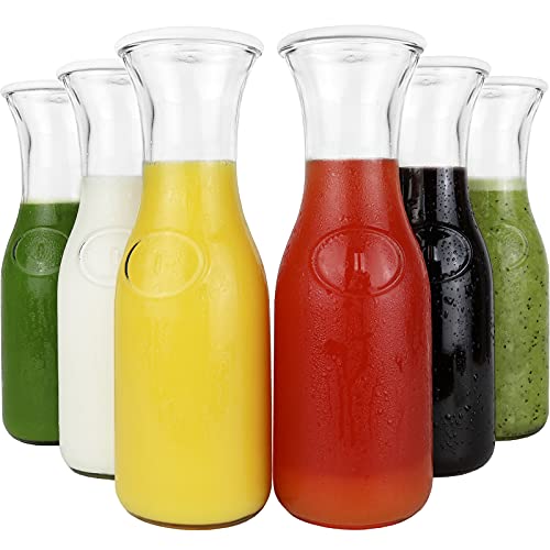 Photo 1 of Glass Carafe with Lids | 34 Oz. Water Decanter, Juice Pitcher | Ideal for Wine, Milk, Juice & Mimosa Bar, [Set of 6]
