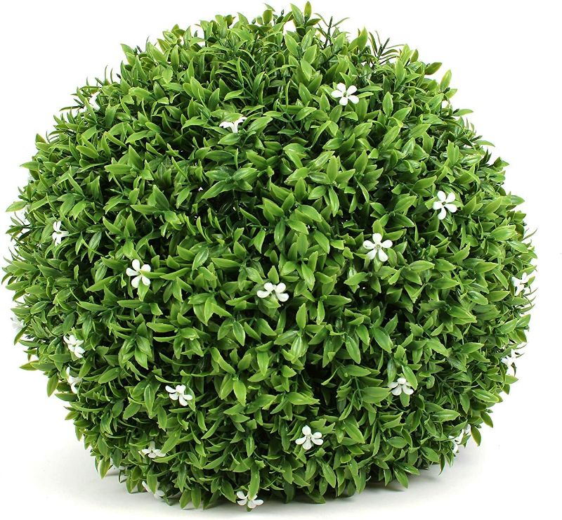 Photo 1 of ART TO REAL 15'' Artificial Boxwood Topiary Ball, 1 Pack Indoor Outdoor Artificial Plant Ball Wedding Party Decoration (15‘’, Ball with White Flower)
