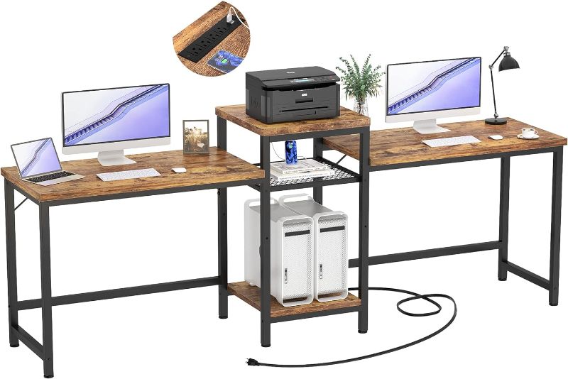 Photo 1 of Unikito Double Desk with Power Outlet, 2 Person Desk with Open Storage Shelves and Printer Stand, Computer Desk for Home Office Desk, Long desk, Gaming Computer Desk, Writing Study Table, Rustic Brown
