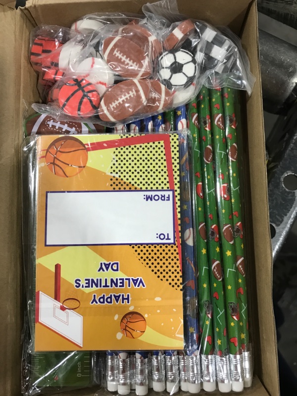 Photo 2 of ReliThick 128 Pcs Valentine's Day Gift for Kids Valentines Day Stationery Supplies Set for Classroom Exchange Gift Valentine Goodie Bags Football Soccer Basketball Pencil Eraser Sport Party Favors