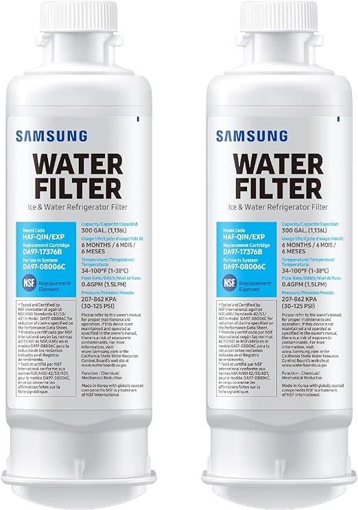 Photo 1 of SAMSUNG Genuine Filters for Refrigerator Water and Ice, Carbon Block Filtration for Clear Drinking Water, HAF-QIN-2P, 2 Count (Pack of 1)