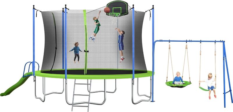 Photo 1 of 12FT Trampoline Set with Swing, Slide, Basketball Hoop,Sports Fitness Trampolines with Enclosure Net, Recreational Trampolines for Outdoor Indoor--- box 1 of 2 
