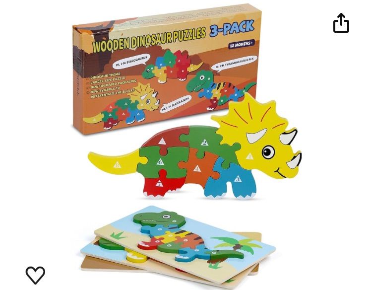 Photo 1 of Wooden Puzzles for Toddlers 1-3, Montessori Puzzles for 1 2 3 4 Year Old, Larger Size Dinosaur Colorful Puzzles, 3-Pack Wooden Toddler Puzzles