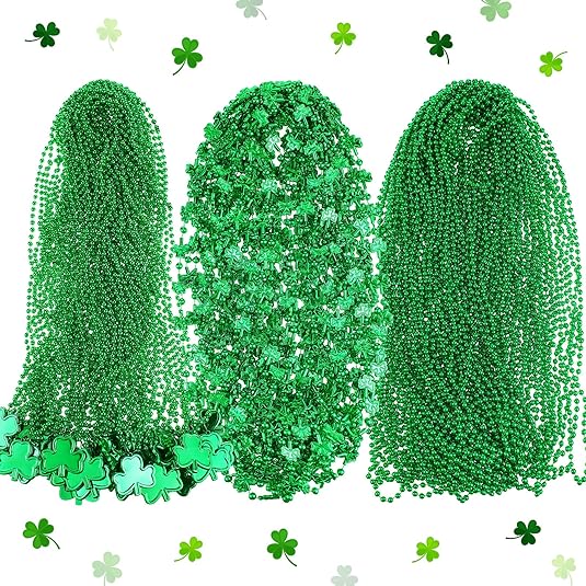 Photo 1 of Batiyeer St Patricks Day Beads Toy Bulk Irish Party Toy 33 Inch Shamrock Toy Green Beads Toy for Green Accessories St Patricks Day Costume Party Favors, 3 Styles
