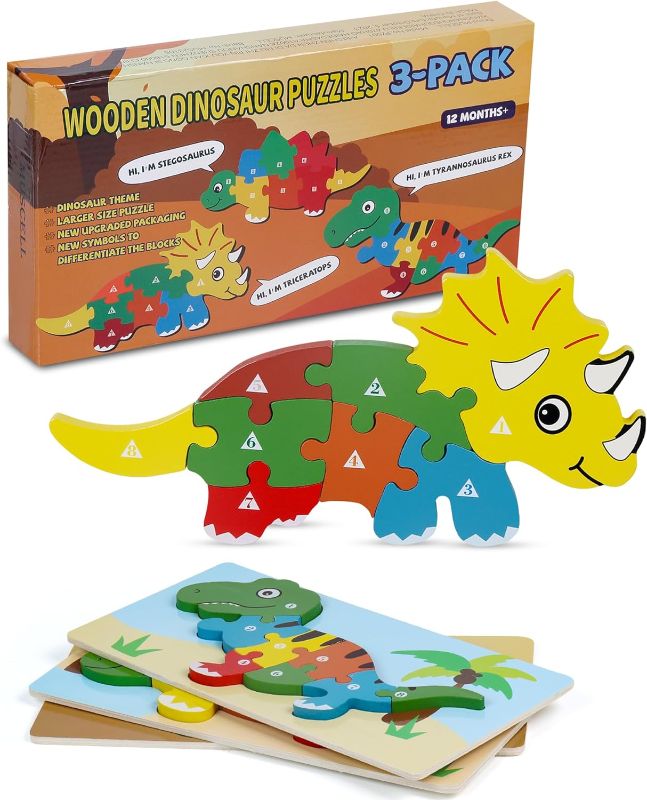 Photo 1 of Wooden Puzzles for Toddlers 1-3, Montessori Puzzles for 1 2 3 4 Year Old, Larger Size Dinosaur Colorful Puzzles, 3-Pack Wooden Toddler Puzzles
