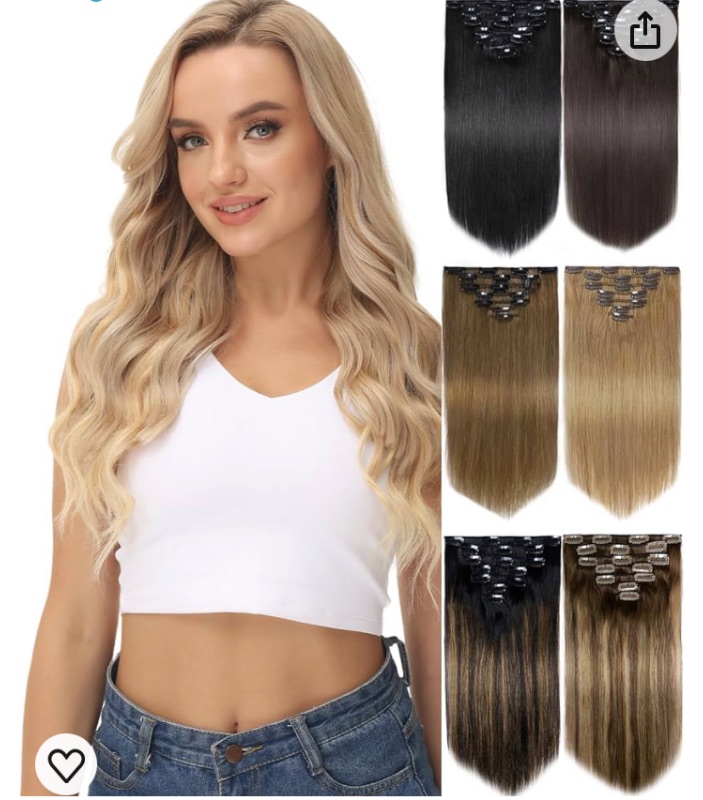 Photo 1 of Yamel Remy Clip in Hair Extensions Real Human Hair 7Pcs 16 Clips 20 Inch Real Hair Extensions Human Hair Light Brown