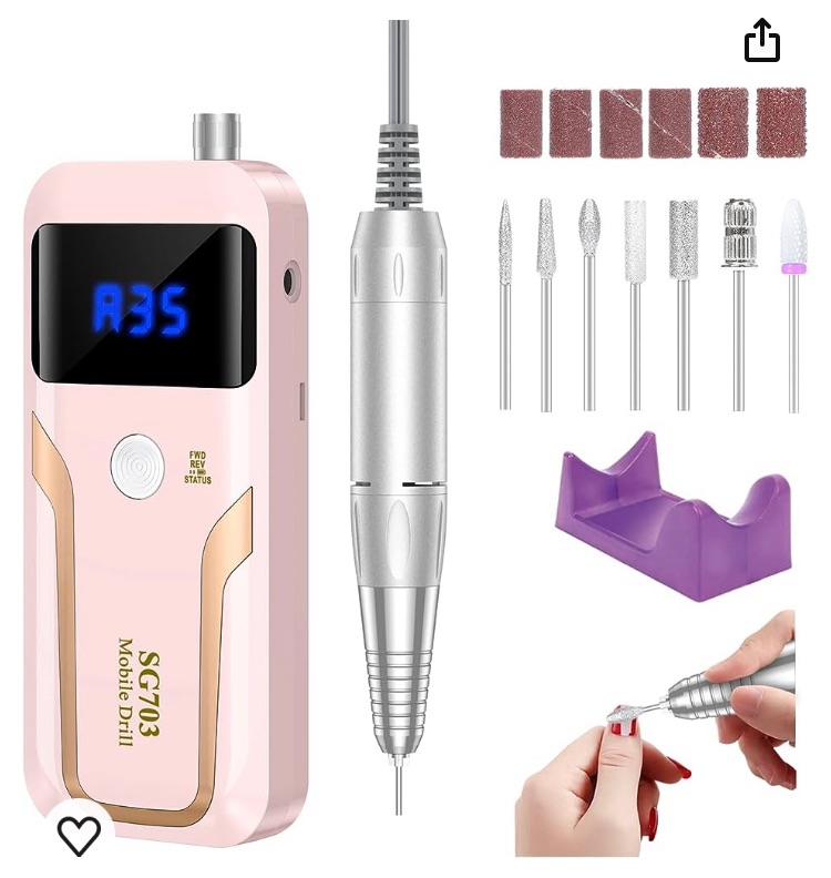 Photo 1 of Portable Nail Drill Professional 35000 RPM, Rechargeable Electric Nail File Machine E File for Acrylic Nails Gel Polishing Removing, Cordless Efile with Bits Kit for Manicure Salon Home, Pink