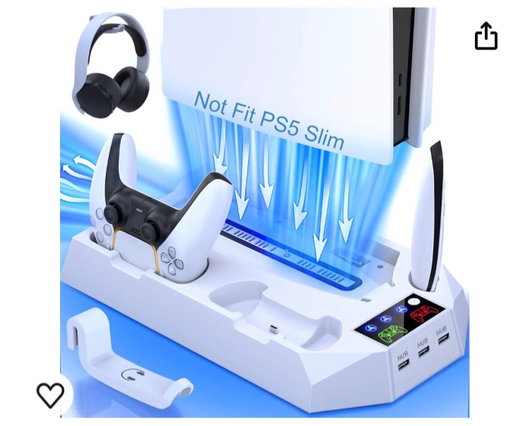 Photo 1 of PS5 Stand with Cooling Station for PS5 Controller Charging Station for Playstation 5 Console Edition, PS5 Accessories-Cooler Fan/Remote Charger/Headset Holder(Not Fit 2023 PS5 Slim Disc/Digital)