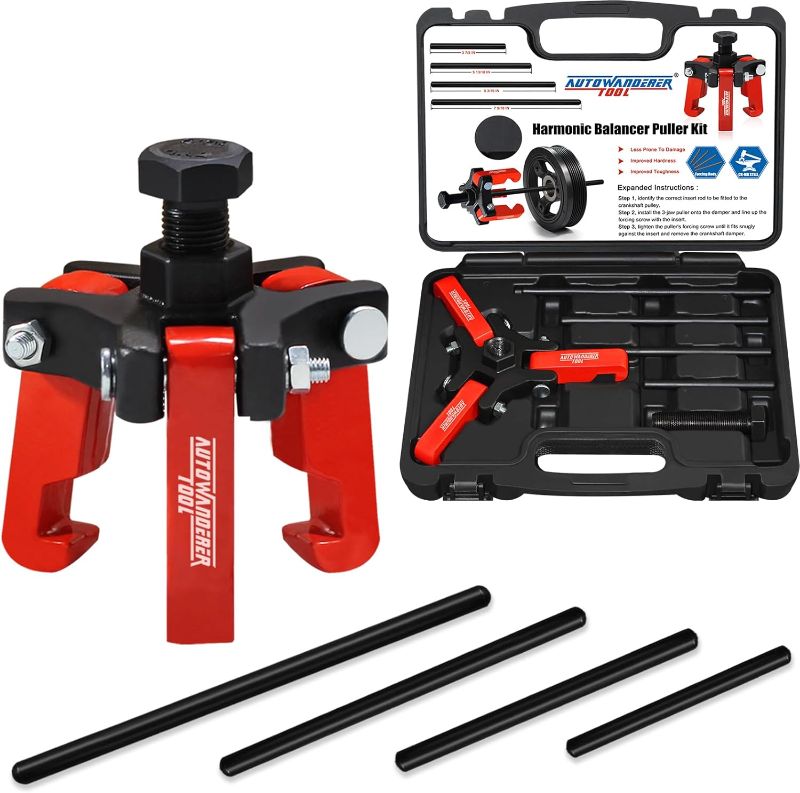 Photo 1 of Harmonic Balancer Puller with Adjustable 3-Jaw Puller Kit, Forcing Screw Fits a 3/8" Square Drive and 4 Forcing Rods for Removing Harmonic Dampers & Balancers
