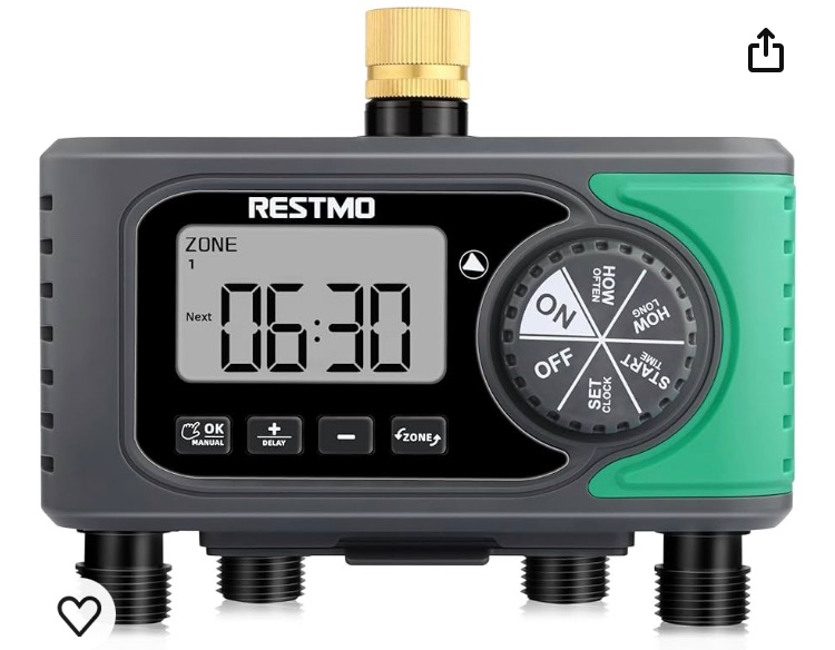 Photo 1 of RESTMO 4-Outlet Sprinkler Timer with Brass Inlet, 4 Zone Programmable Water Timer for Garden Hose, Automatic Digital Control | Manual ON/Off | Rain Delay, for Outdoor Faucet, Drip Irrigation and Lawn