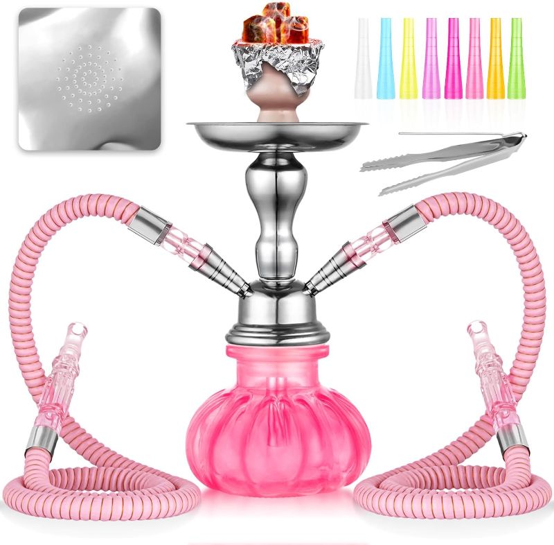 Photo 1 of 2 Hose Hookah Set 11'' Small Shisha Hookah Set With Mini Pumpkin Glass Vase, Ceramic Bowl, Leather Hose, Coal Tong, Hookah Foil, Disposable Tips (Pink)

