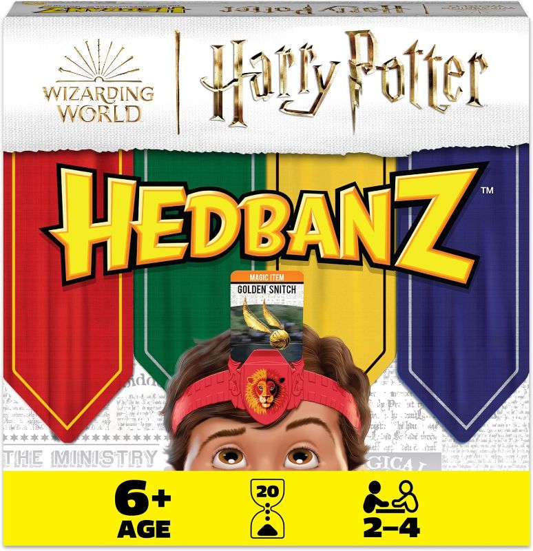 Photo 1 of Hedbanz, Harry Potter Wizarding World 2022 Edition with New Cards Family Board Game Gift Toy Merchandise Books Movies Card Game House Headbands, for Adults & Kids Ages 6 and up

