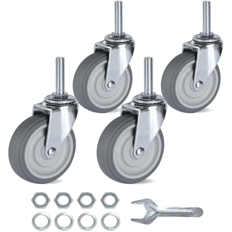 Photo 1 of Finnhomy Caster Wheels 3 Inch Set of 4 Heavy Duty Threaded Stem Casters 3/8"-16 x 1-1/2" Swivel Rubber Industrial Castors Premium Wheels for Wire Shelving/Furniture/Carts Load Bearing 720 Lbs Gray
