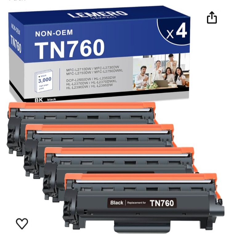 Photo 1 of LemeroUexpect TN760 TN-760 Toner Cartridge Compatible Replacement for Brother TN760 TN-730/TN-760 TN730 High Yield for MFC-L2717DW MFC-L2710DW HL-L2350DW HL-L2395DW DCP-L2550DW Printer, Black 4 Pack