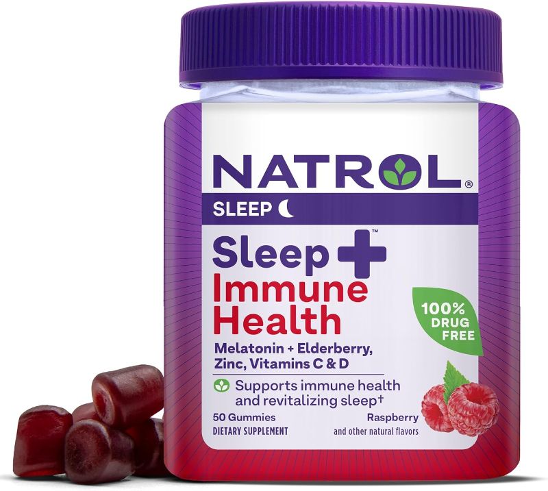 Photo 1 of Natrol Sleep+ Immune Health Gummy, Sleep Aid & Immunity Support, Elderberry, Vitamins C, D and Zinc, Drug Free, 50 Berry Flavored Gummies Sleep+ Immune Health 25.0 Servings (Pack of2)---exp 10-2024