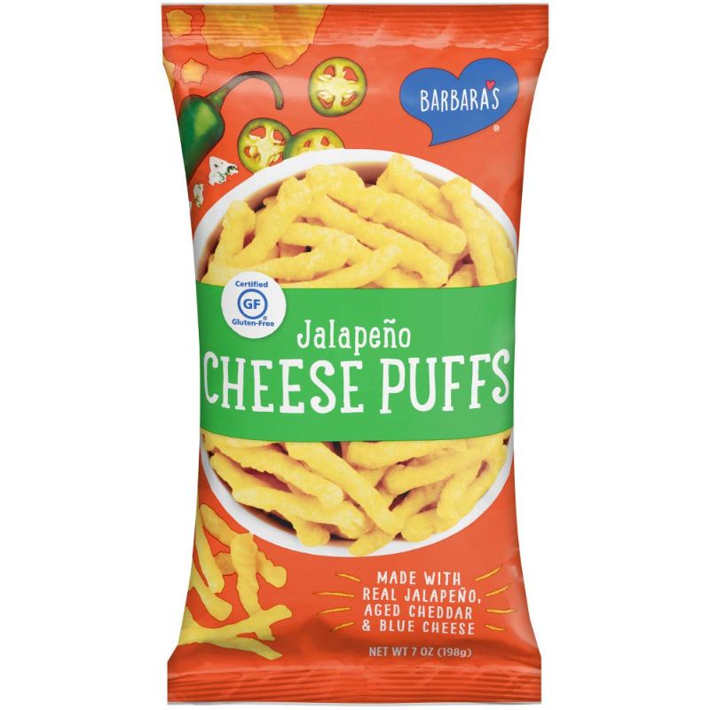 Photo 1 of Barbara's Jalapeno Cheese Puffs, Cheese Puffed Kids Snack Made With Real Aged Cheddar and Blue Cheese, Gluten Free Snack, 7 OZ Bag (Pack of 12)--- best by 07june2024
