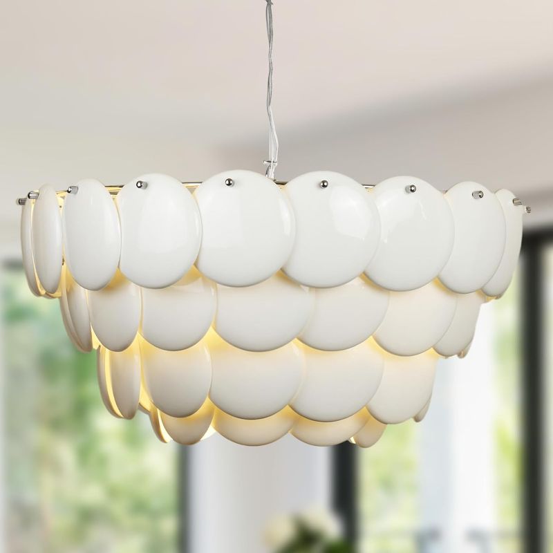Photo 1 of 9 Lights White Shell Chandeliers, 23 Inch Modern Pendant Light Fixture with Ceramics Lampshade Adjustable Height Chandelier for Living Room Bedroom, Included 9 E12 LED Bulbs UL Listed
