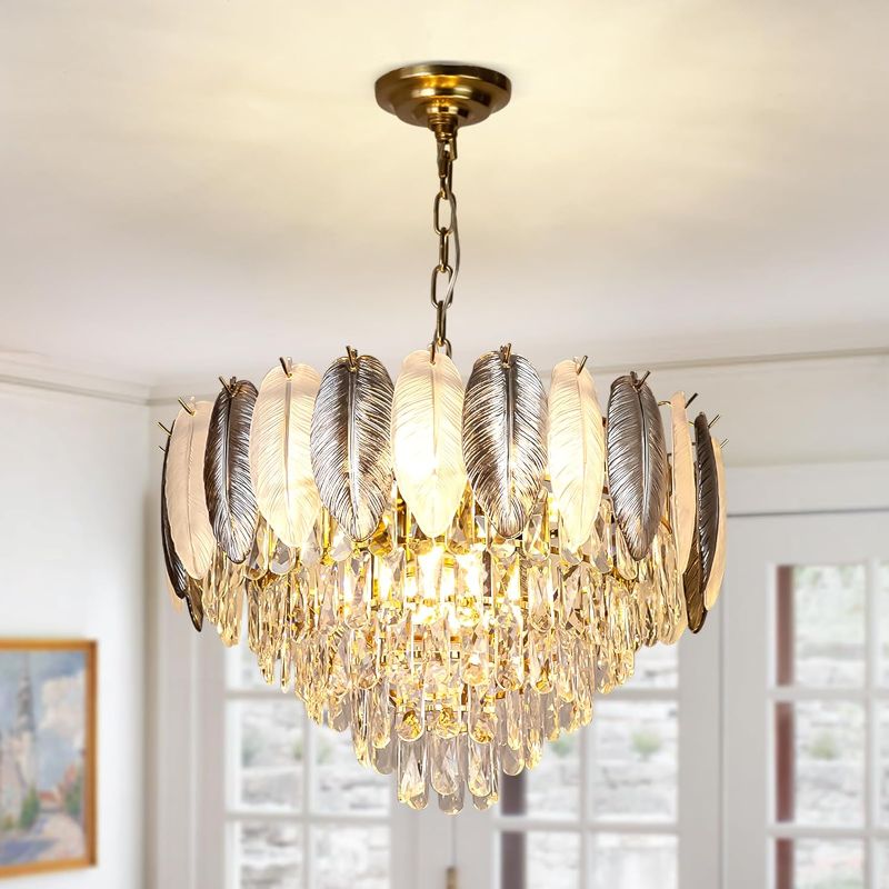 Photo 1 of 9-Light Luxury Crystal Chandelier, 24 Inch Moden Two-Tone Feather Crystal Glass Chandelier Round Hanging Pendant Light for Dining Room, Included LED E12 Bulbs UL Listed
