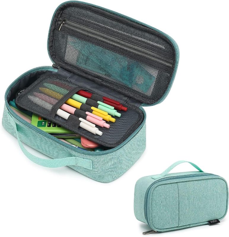 Photo 1 of XQXA Large Capacity Pencil Case Multi-Slot Pencil Pouch Durable Pencil Box Portable Makeup Bag with Handle for Office (Green)- 2 pack 
