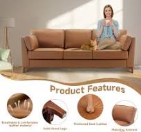 Photo 1 of COLAMY Modern Faux Leather Living Room Sofa 3-seat Brown Sofa
