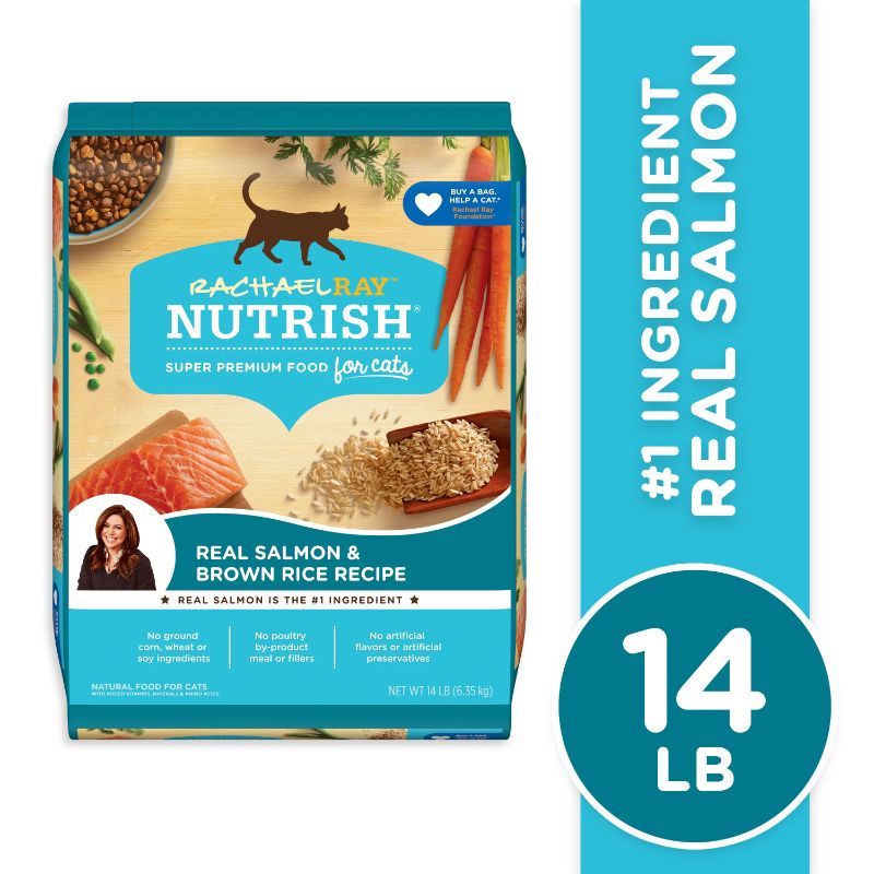Photo 1 of Rachael Ray Nutrish Natural Salmon & Brown Rice Recipe Dry Cat Food, 14-lb bag (Best if used by July, 2024)