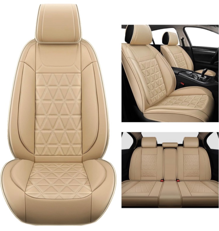 Photo 1 of 5PCS Luxury Car Seat Covers Full Set, Breathable Faux Leather Seat Covers, Universal Seat Covers for Trucks SUV Cars, Beige 