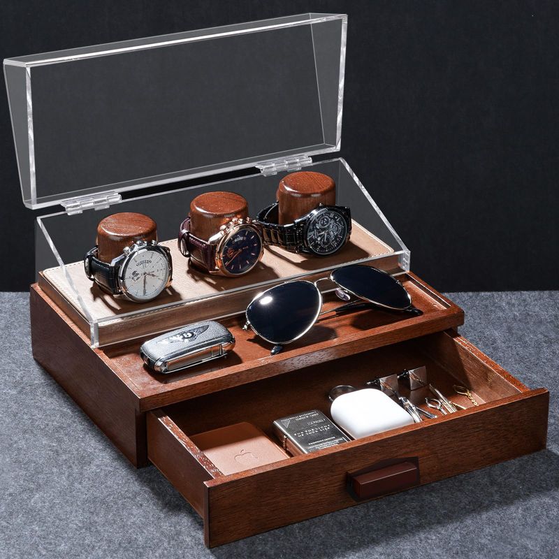 Photo 1 of Wooden Watch Box with Acrylic Hinged Cover, Watch Display Case for Men Gifts, Soild Wood - Brown