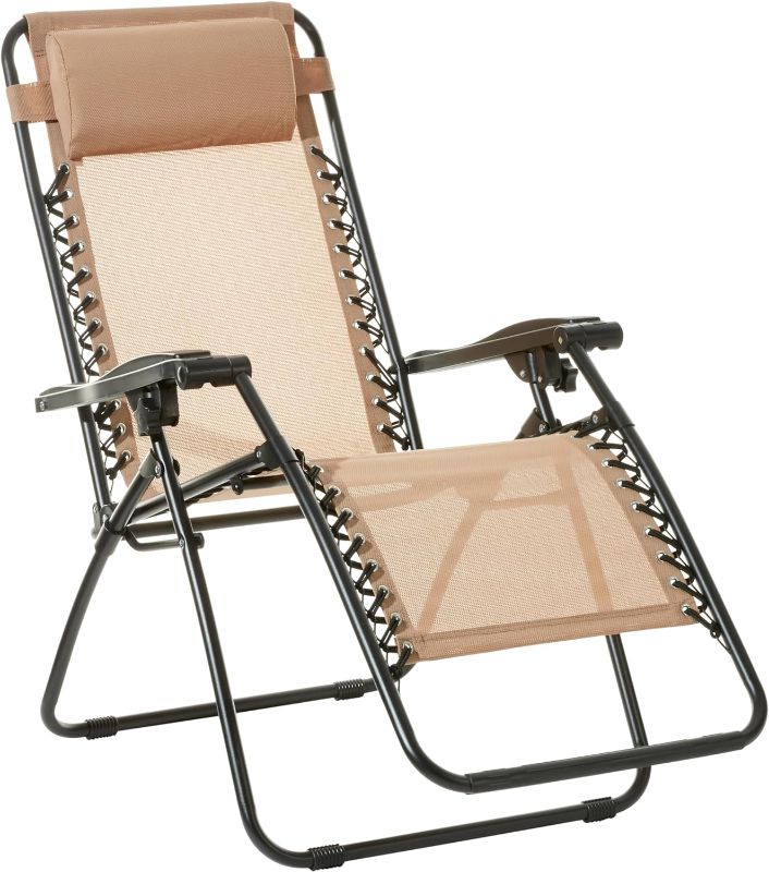 Photo 1 of Amazon Basics Outdoor Textilene Adjustable Zero Gravity Folding Reclining Lounge Chair with Pillow, 26", Beige