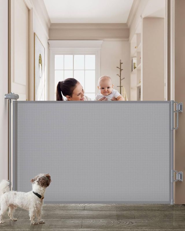 Photo 1 of Cumbor Retractable Baby Gates for Stairs, Extends up to 55" Wide Fabric Dog Gate for The House, 34" Tall Safety Child Gates, Grey