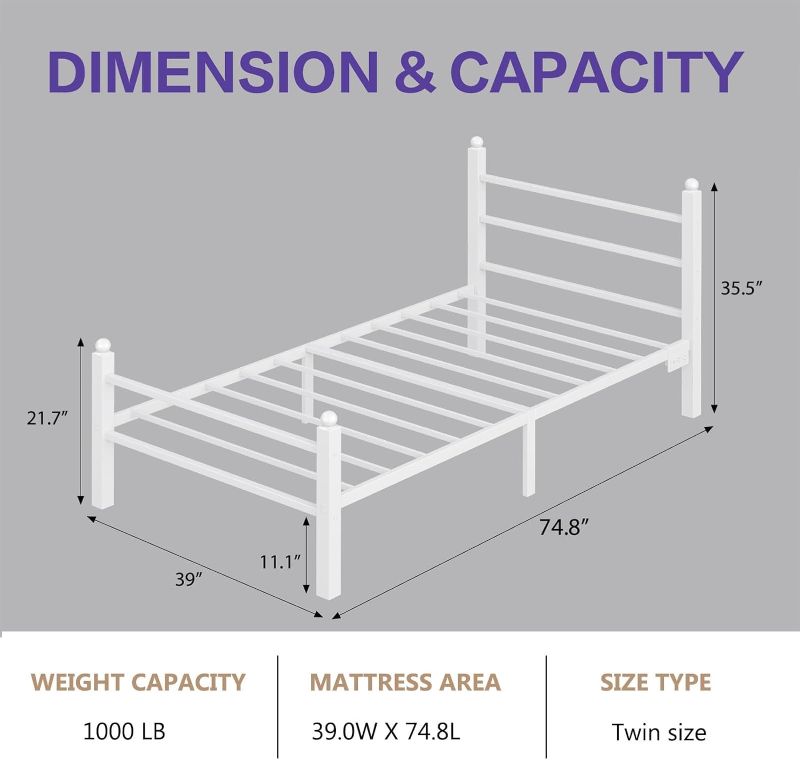 Photo 1 of Twin Bed Frame with Headboard and Footboard,Heavy Duty Steel Slats Support Metal Bed Frame with Charging Station,White White Twin