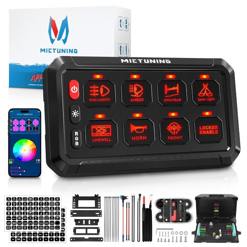 Photo 1 of MICTUNING RGB 8 Gang Switch Panel with App Control, High Power 5 Level Brightness Multifunction Toggle Switch Momentary Circuit Control Relay System Box for Truck Offroad Car, 2-Year Warranty
