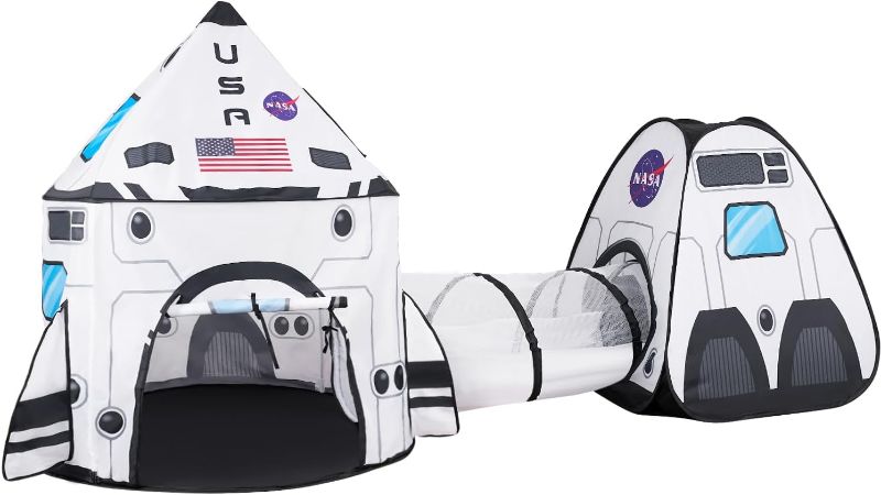 Photo 1 of JOYIN White Rocket Ship Pop up Play Tent with Tunnel and Playhouse Kids Indoor Outdoor Spaceship Tent Set

