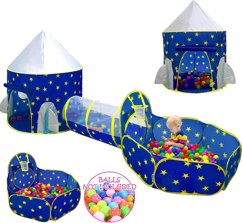 Photo 1 of  3pc Kids Play Tent for Boys with Ball Pit, Crawl Tunnel, Princess Tents for Toddlers, Baby Space World Playhouse Toys, Boys Indoor& Outdoor Play House, Perfect Kid’s Gifts