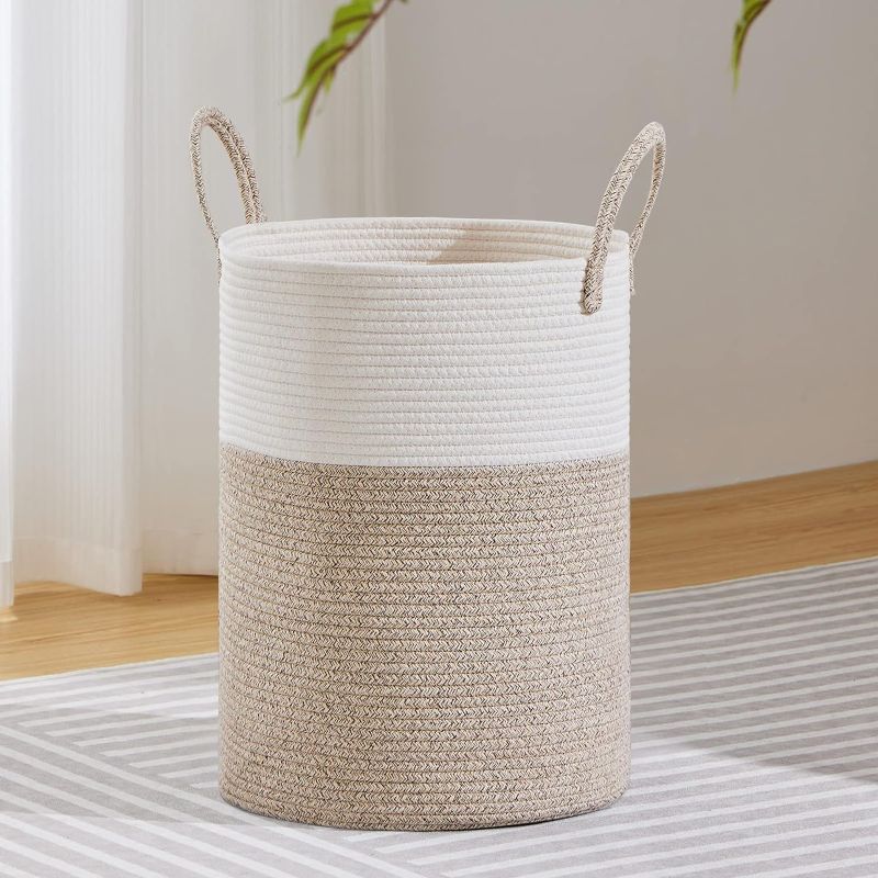 Photo 1 of VIPOSCO Large Laundry Hamper, Tall Woven Rope Storage Basket for Blanket, Toys, Dirty Clothes in Living Room, Bathroom, Bedroom - 58L White & Brown
