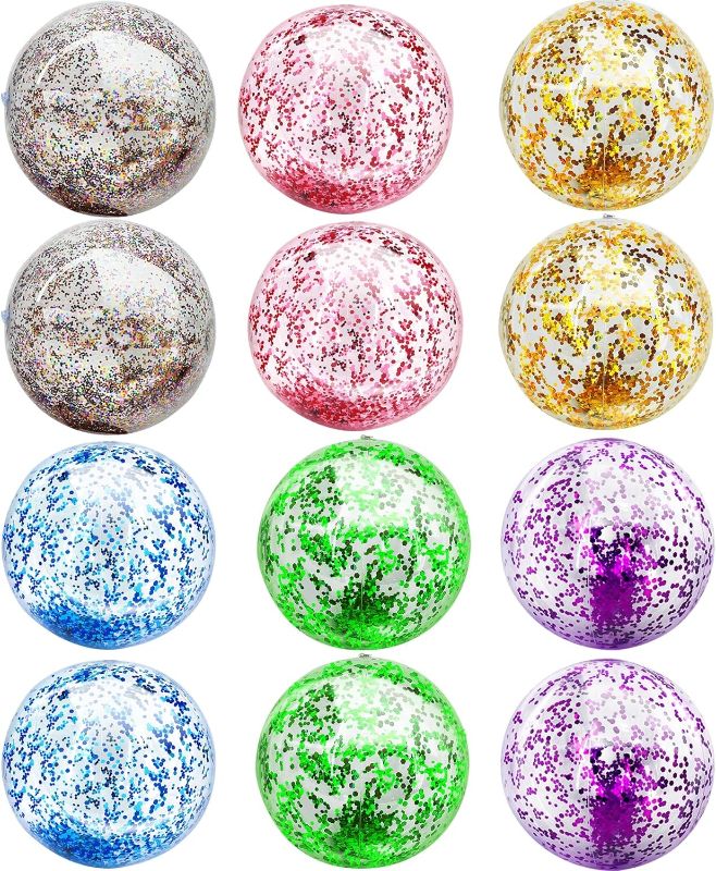 Photo 1 of Inflatable Beach Balls Bulk Jumbo 16" Glitters Pool Toys Balls for Pool, Beach, Summer Pool Party - Swimming Pool Game Water Beach Toys Kid Party Favor Luau Decorations Blow Up Beach Ball (12 Pack)
