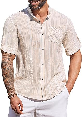 Photo 1 of Runcati Mens Cotton Linen Shirts Button Down Roll Up Half Sleeve Striped Band Collar Casual Beach Shirt XL